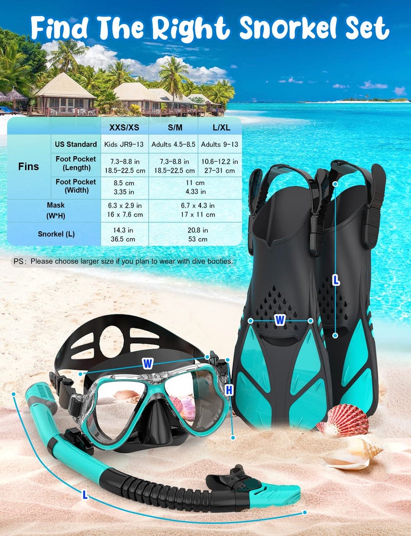 Zenoplige Mask Fins Snorkel Set, Snorkeling Gear for Adults, Panoramic View Snorkel Mask Anti-Fog, Adjustable Dive Flippers, Dry Top Snorkel and Travel Bag, Scuba Gear for Swimming Snorkeling Diving - Image 5